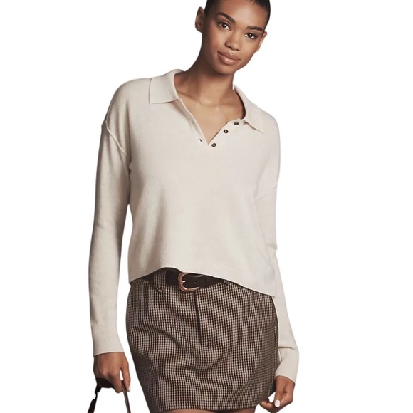 Pilcro and the Letterpress Sweaters - Pilcro Jensen Cashmere Crop Polo Sweater Women Large Cream Collared